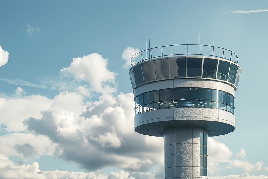 Modern airport control tower against a bright blue sky with fluf