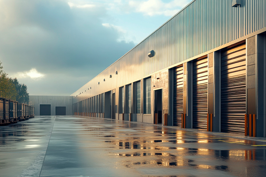 Modern warehouse facility exterior on a rainy day.