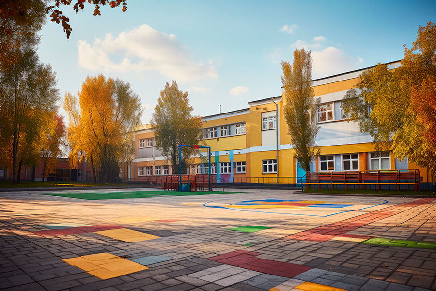 Fall evening with school building playground and focus on hopsco